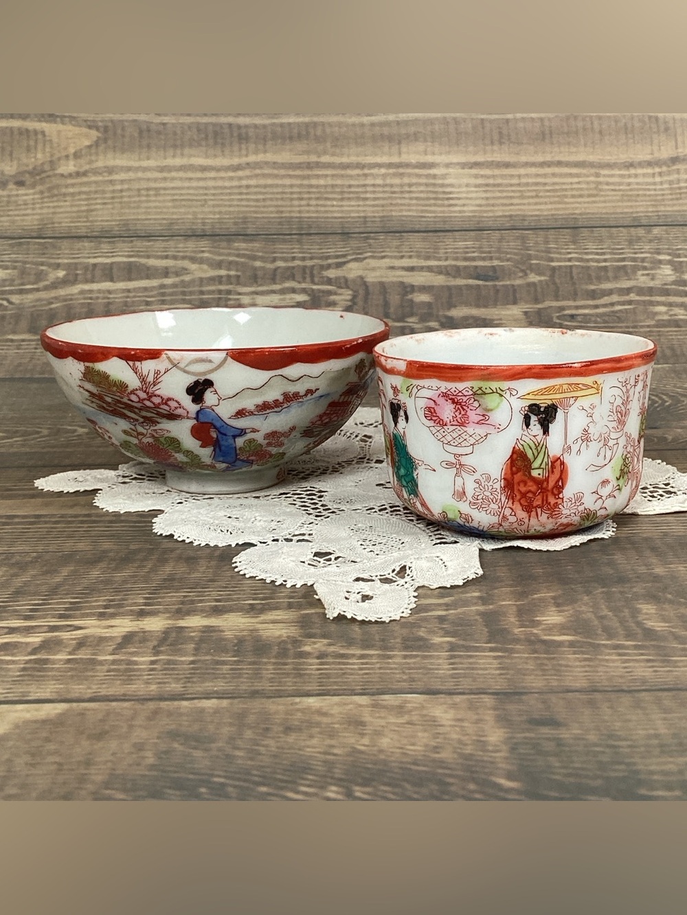 Vintage Japanese Geisha Girls Bowls, Tea Cups Red Rim